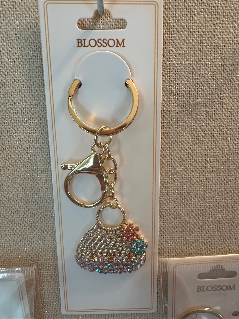 Set of 3 Gold Rhinestone Purse Keychain - Multicolor Accent -
